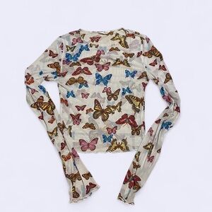 Bear Dance Butterfly Print Mesh Long Sleeve Top